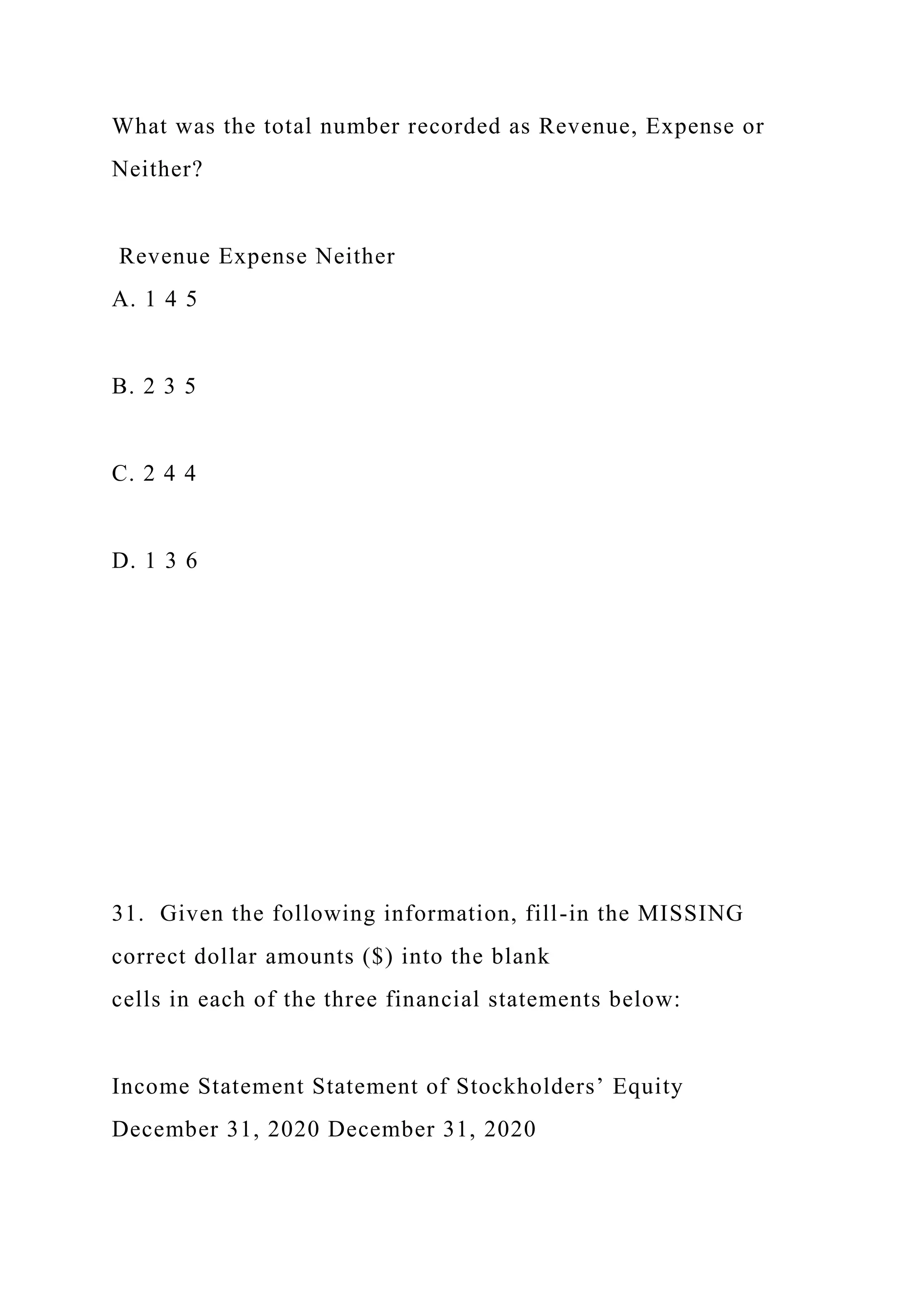 What was the total number recorded as Revenue, Expense or
Neither?
Revenue Expense Neither
A. 1 4 5
B. 2 3 5
C. 2 4 4
D. 1 3 6
31. Given the following information, fill-in the MISSING
correct dollar amounts ($) into the blank
cells in each of the three financial statements below:
Income Statement Statement of Stockholders’ Equity
December 31, 2020 December 31, 2020
 