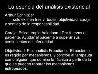 La esencia del análisis existencial
Arthur Schnitzler
sólo existen tres virtudes: objetividad, coraje
y sentido de la responsabilidad.
Coraje: Psicoterapia Adleriana.- Dar fuerzas al
paciente. Ayudar al paciente a superar sus
sentimientos de inferioridad.
Objetividad: Picoanálisis Freudiano.- El paciente
es regido por mecanismos, y concibe al terapeuta
como alguien que domina la técnica a partir de la
que se pueden reparar los mecanismos
estropeados.
 