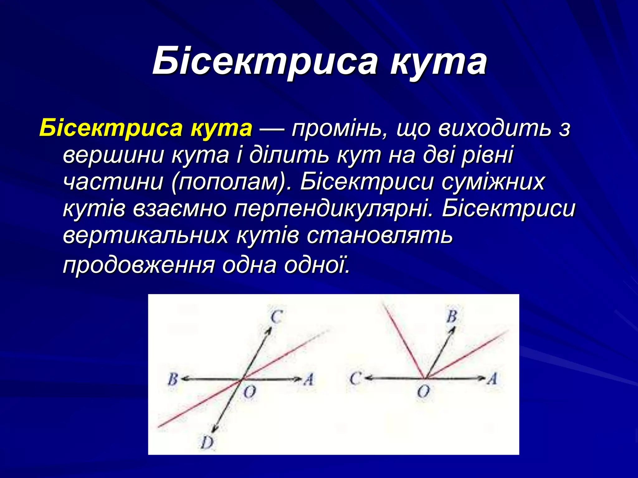 Бісектриса кута 
Бісектриса кута — промінь, що виходить з 
вершини кута і ділить кут на дві рівні 
частини (пополам). Бісектриси суміжних 
кутів взаємно перпендикулярні. Бісектриси 
вертикальних кутів становлять 
продовження одна одної. 
 