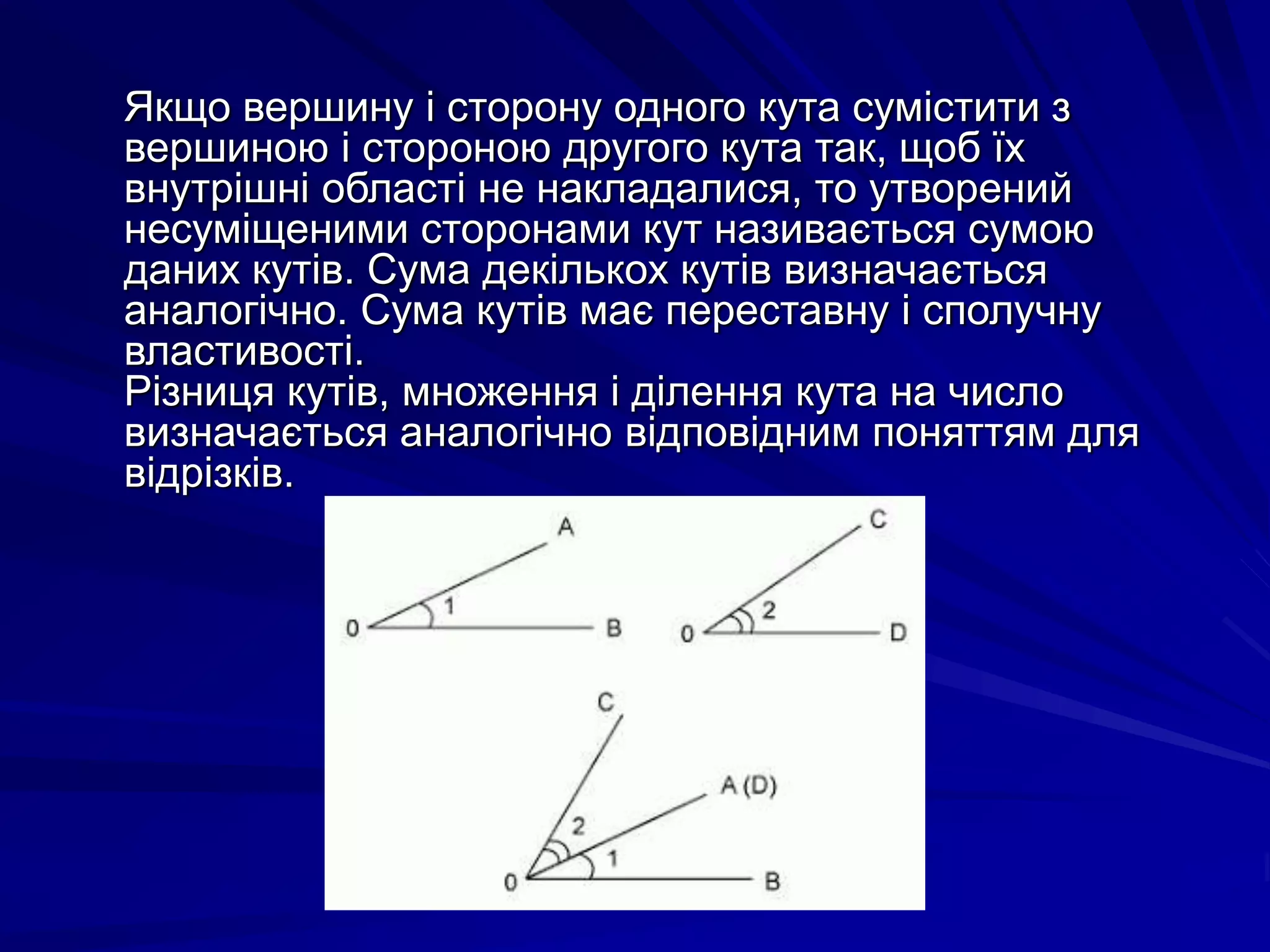 Якщо вершину і сторону одного кута сумістити з 
вершиною і стороною другого кута так, щоб їх 
внутрішні області не накладалися, то утворений 
несуміщеними сторонами кут називається сумою 
даних кутів. Сума декількох кутів визначається 
аналогічно. Сума кутів має переставну і сполучну 
властивості. 
Різниця кутів, множення і ділення кута на число 
визначається аналогічно відповідним поняттям для 
відрізків. 
 