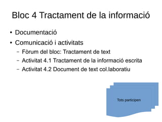 Bloc 4 Tractament de la informació
● Documentació
● Comunicació i activitats
– Fòrum del bloc: Tractament de text
– Activitat 4.1 Tractament de la informació escrita
– Activitat 4.2 Document de text col.laboratiu
Tots participen
 
