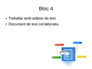 Bloc 4
● Treballar amb editors de text
● Document de text col.laboratiu
 
