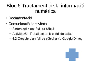 Bloc 6 Tractament de la informació
numèrica
● Documentació
● Comunicació i activitats
– Fòrum del bloc: Full de càlcul
– Activitat 6.1 Treballem amb el full de càlcul
– 6.2 Creació d'un full de càlcul amb Google Drive.
 