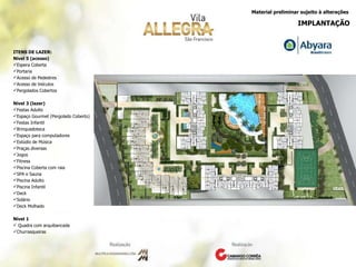 Material preliminar sujeito à alterações ITENS DE LAZER: Nível 5 (acesso) Espera Coberta  Portaria  Acesso de Pedestres  Acesso de Veículos  Pergolados Cobertos  Nível 3 (lazer) Festas Adulto  Espaço Gourmet (Pergolado Coberto)  Festas Infantil  Brinquedoteca  Espaço para computadores  Estúdio de Música  Praças diversas  Jogos  Fitness  Piscina Coberta com raia SPA e Sauna  Piscina Adulto  Piscina Infantil  Deck  Solário  Deck Molhado  Nível 1 Quadra com arquibancada  Churrasqueiras  IMPLANTAÇÃO 