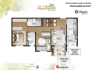 Planta padrão de 57m² POSSIBILIDADE DE AMPLIAÇÃO DA SALA POSSIBILIDADE DE ABRIR A COZINHA (AMERICANA) 