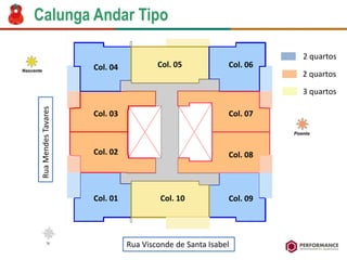 Rua Visconde de Santa Isabel
RuaMendesTavares
Calunga Andar Tipo
Col. 01
Col. 02
Col. 03
Col. 04 Col. 05 Col. 06
Col. 07
Col. 08
Col. 09Col. 10
2 quartos
2 quartos
3 quartos
 