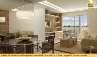 Ilustração artística do Living do Apartamento dos blocos 2, 3 e 4. Sugestão de decoração. 
