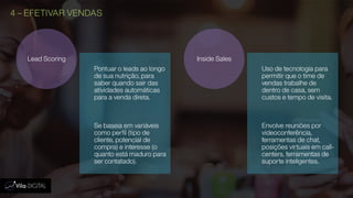 4 – EFETIVAR VENDAS
Pontuar o leads ao longo
de sua nutrição, para
saber quando sair das
atividades automáticas
para a venda direta.
Se baseia em variáveis
como perfil (tipo de
cliente, potencial de
compra) e interesse (o
quanto está maduro para
ser contatado).
Lead Scoring
Uso de tecnologia para
permitir que o time de
vendas trabalhe de
dentro de casa, sem
custos e tempo de visita.
Envolve reuniões por
videoconferência,
ferramentas de chat,
posições virtuais em call-
centers, ferramentas de
suporte inteligentes.
Inside Sales
 
