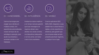 01 / OMNICHANNEL 02 / INTELIGÊNCIA 03 / MOBILE
Usamos tecnologia para
engajar seus clientes em
múltiplos canais, com
experiências personalizadas.
nossos serviços vão da
estratégia à operação, para
ajudar sua empresa a
aumentar vendas e criar
fidelidade.
Analisamos dados analíticos
e em tempo real para garantir
que suas mensagens de
negócios atinjam seus
clientes nos canais corretos,
nos dispositivos adequados
e na hora certa, com baixo
custo e bons resultados.
Criamos aplicativos B2C,
B2B e B2E, integrados a suas
plataformas e canais físicos e
digitais, unindo experiência e
eficiência, para garantir que
sua empresa esteja sempre
presente para fazer negócios,
a qualquer hora e lugar.
 