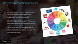 IDENTIFICAR ARQUÉTIPOS DE MARCA
 Arquétipos são formas ou imagens de natureza coletiva,
que ocorrem em praticamente toda a terra como
componentes de mitos e, ao mesmo tempo, como
produtos individuais de origem inconsciente
 A atribuição de um arquétipo é o que provê, na
comunicação entre consumidor e marca, a empatia que
transmite além dos valores funcionais, valores intangíveis,
os ativos primordiais da marca.
 Arquétipos traduzem uma coleção de conceitos que
capturam a identidade das marcas, permitindo que elas
operem no mesmo nível de confiança e memórias
utilizados entre as pessoas.
 
