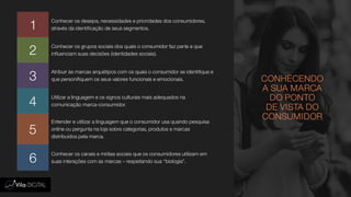 CONHECENDO
A SUA MARCA
DO PONTO
DE VISTA DO
CONSUMIDOR
1
Conhecer os desejos, necessidades e prioridades dos consumidores,
através da identificação de seus segmentos.
2
Conhecer os grupos sociais dos quais o consumidor faz parte e que
influenciam suas decisões (identidades sociais).
3
Atribuir às marcas arquétipos com os quais o consumidor se identifique e
que personifiquem os seus valores funcionais e emocionais.
4
Utilizar a linguagem e os signos culturais mais adequados na
comunicação marca-consumidor.
5
Entender e utilizar a linguagem que o consumidor usa quando pesquisa
online ou pergunta na loja sobre categorias, produtos e marcas
distribuídos pela marca.
6
Conhecer os canais e mídias sociais que os consumidores utilizam em
suas interações com as marcas – respeitando sua “biologia”.
 