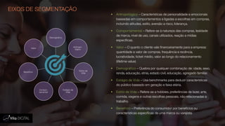 EIXOS DE SEGMENTAÇÃO
 Antropológico – Características de personalidade e emocionais
baseadas em comportamentos e ligadas a escolhas em compras,
incluindo atitudes, estilo, aversão a risco, liderança.
 Comportamental – Refere-se à natureza das compras, lealdade
de marca, nível de uso, canais utilizados, reação a mídias
específicas.
 Valor – O quanto o cliente vale financeiramente para a empresa:
quantidade e valor de compras, frequência e recência,
lucratividade, ticket médio, valor ao longo do relacionamento
(lifetime value)
 Demográfico – Quebra por qualquer combinação de: idade, sexo,
renda, educação, etnia, estado civil, educação, agregado familiar.
 Estágio de Vida – Usa benchmarks para deduzir características
do público baseado em geração e faixa etária.
 Estilo de Vida – Refere-se a hobbies, preferências de lazer, arte,
comida, viagens e outras escolhas pessoais, não relacionadas a
trabalho.
 Benefício – Preferência do consumidor por benefícios ou
características específicas de uma marca ou varejista.
Demográfico
Antropo-
lógico
Estilo de
Vida
Estágio de
Vida
Compor-
tamental
Benefício
Valor
 