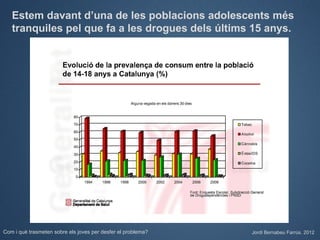 Estem davant d’una de les poblacions adolescents més
   tranquiles pel que fa a les drogues dels últims 15 anys.




Com i què trasmeten sobre els joves per desfer el problema?   Jordi Bernabeu Farrús. 2012
 