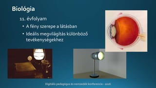 Biológia
11. évfolyam
• A fény szerepe a látásban
• Ideális megvilágítás különböző
tevékenységekhez
Digitális pedagógus és nemzedék konferencia - 2016
 