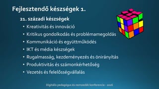 Fejlesztendő készségek 1.
21. századi készségek
• Kreativitás és innováció
• Kritikus gondolkodás és problémamegoldás
• Kommunikáció és együttműködés
• IKT és média készségek
• Rugalmasság, kezdeményezés és önirányítás
• Produktivitás és számonkérhetőség
• Vezetés és felelősségvállalás
Digitális pedagógus és nemzedék konferencia - 2016
 