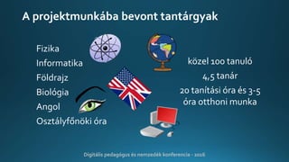 A projektmunkába bevont tantárgyak
Fizika
Informatika
Földrajz
Biológia
Angol
Osztályfőnöki óra
Digitális pedagógus és nemzedék konferencia - 2016
közel 100 tanuló
4,5 tanár
20 tanítási óra és 3-5
óra otthoni munka
 
