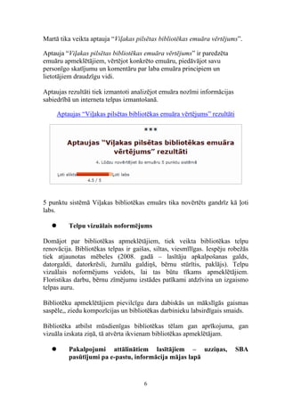Martā tika veikta aptauja “Viļakas pilsētas bibliotēkas emuāra vērtējums”.

Aptauja “Viļakas pilsētas bibliotēkas emuāra vērtējums” ir paredzēta
emuāru apmeklētājiem, vērtējot konkrēto emuāru, piedāvājot savu
personīgo skatījumu un komentāru par laba emuāra principiem un
lietotājiem draudzīgu vidi.

Aptaujas rezultāti tiek izmantoti analizējot emuāra nozīmi informācijas
sabiedrībā un interneta telpas izmantošanā.

       Aptaujas “Viļakas pilsētas bibliotēkas emuāra vērtējums” rezultāti




5 punktu sistēmā Viļakas bibliotēkas emuārs tika novērtēts gandrīz kā ļoti
labs.

          Telpu vizuālais noformējums

Domājot par bibliotēkas apmeklētājiem, tiek veikta bibliotēkas telpu
renovācija. Bibliotēkas telpas ir gaišas, siltas, viesmīlīgas. Iespēju robežās
tiek atjaunotas mēbeles (2008. gadā – lasītāju apkalpošanas galds,
datorgaldi, datorkrēsli, žurnālu galdiņš, bērnu stūrītis, paklājs). Telpu
vizuālais noformējums veidots, lai tas būtu tīkams apmeklētājiem.
Floristikas darbu, bērnu zīmējumu izstādes patīkami atdzīvina un izgaismo
telpas auru.

Bibliotēku apmeklētājiem pievilcīgu dara dabiskās un mākslīgās gaismas
saspēle,, ziedu kompozīcijas un bibliotēkas darbinieku labsirdīgais smaids.

Bibliotēka atbilst mūsdienīgas bibliotēkas tēlam gan aprīkojuma, gan
vizuāla izskata ziņā, tā atvērta ikvienam bibliotēkas apmeklētājam.

          Pakalpojumi attālinātiem lasītājiem – uzziņas,                   SBA
           pasūtījumi pa e-pastu, informācija mājas lapā


                                       6
 