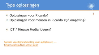 Type oplossingen

    Oplossingen voor Ricardo?
    Oplossingen voor mensen in Ricardo zijn omgeving?

    ICT / Nieuwe Me...