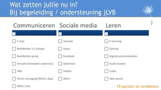 Wat zetten jullie nu in?
Bij begeleiding / ondersteuning jLVB

 Communiceren Sociale media                      Leren

  E...