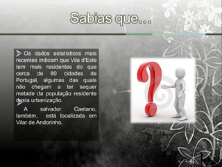 Sabias que…

   Os dados estatísticos mais
recentes indicam que Vila d'Este
tem mais residentes do que
cerca de 80 cidades de
Portugal, algumas das quais
não chegam a ter sequer
metade da população residente
desta urbanização.
    A     salvador  Caetano,
também, está localizada em
Vilar de Andorinho.
 