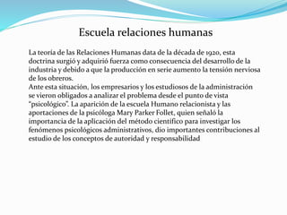 Escuela relaciones humanas
La teoría de las Relaciones Humanas data de la década de 1920, esta
doctrina surgió y adquirió fuerza como consecuencia del desarrollo de la
industria y debido a que la producción en serie aumento la tensión nerviosa
de los obreros.
Ante esta situación, los empresarios y los estudiosos de la administración
se vieron obligados a analizar el problema desde el punto de vista
“psicológico”. La aparición de la escuela Humano relacionista y las
aportaciones de la psicóloga Mary Parker Follet, quien señaló la
importancia de la aplicación del método científico para investigar los
fenómenos psicológicos administrativos, dio importantes contribuciones al
estudio de los conceptos de autoridad y responsabilidad
 