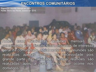 Antes eram realizadas reuniões mensais na
comunidade para discutir sobre assuntos de interesse
geral da comunidade. Atualmente essas reuniões são
realizadas apenas quando há necessidade pois
grande parte das atividades dessas reuniões são
realizadas após a santa missa que ocorre nos
domingos.
ENCONTROS COMUNITÁRIOS
Figura 21: reunião mensal em 2003.
Fonte: Maria das Neves, acesso em 2016.
 