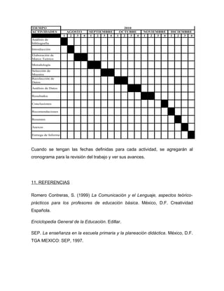 TIEMPO                                             2010
ACTIVIDADES            AGOSTO     SEPTIEMBRE     OCTUBRE     NOVIEMBRE   DICIEMBRE
                     1  2  3  4   1  2  3  4   1   2  3  4   1  2  3 4   1  2  3 4
Análisis de
bibliografía

Introducción

Elaboración de
Marco Teórico

Metodología

Selección de
Muestra
Recolección de
Datos

Análisis de Datos

Resultados

Conclusiones

Recomendaciones

Resumen

Anexos

Entrega de Informe




Cuando se tengan las fechas definidas para cada actividad, se agregarán al
cronograma para la revisión del trabajo y ver sus avances.




11. REFERENCIAS

Romero Contreras, S. (1999) La Comunicación y el Lenguaje, aspectos teórico-
prácticos para los profesores de educación básica. México, D.F. Creatividad
Española.

Enciclopedia General de la Educación. Edillar.

SEP. La enseñanza en la escuela primaria y la planeación didáctica. México, D.F.
TGA MEXICO: SEP, 1997.
 