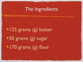 The Ingredients

125 grams (g) butter
50 grams (g) sugar
170 grams (g) flour

 