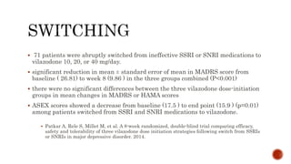  71 patients were abruptly switched from ineffective SSRI or SNRI medications to
vilazodone 10, 20, or 40 mg/day.
 significant reduction in mean ± standard error of mean in MADRS score from
baseline ( 26.81) to week 8 (9.86 ) in the three groups combined (P<0.001)
 there were no significant differences between the three vilazodone dose-initiation
groups in mean changes in MADRS or HAMA scores
 ASEX scores showed a decrease from baseline (17.5 ) to end point (15.9 ) (p=0.01)
among patients switched from SSRI and SNRI medications to vilazodone.
 Patkar A, Rele S, Millet M, et al. A 8-week randomized, double-blind trial comparing efficacy,
safety and tolerability of three vilazodone dose initiation strategies following switch from SSRIs
or SNRIs in major depressive disorder. 2014.
 