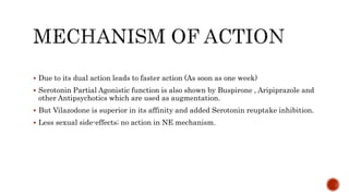  Due to its dual action leads to faster action (As soon as one week)
 Serotonin Partial Agonistic function is also shown by Buspirone , Aripiprazole and
other Antipsychotics which are used as augmentation.
 But Vilazodone is superior in its affinity and added Serotonin reuptake inhibition.
 Less sexual side-effects; no action in NE mechanism.
 