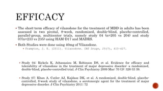  The short-term efficacy of vilazodone for the treatment of MDD in adults has been
assessed in two pivotal, 8-week, randomized, double-blind, placebo-controlled,
parallel-group, multicenter trials, namely study 04 (n=205 vs 204) and study
07(n=233 vs 235) using HAM-D17 and MADRS.
 Both Studies were done using 40mg of Vilazodone.
 Frampton, J. E. (2011). Vilazodone. CNS Drugs, 25(7), 615–627.
 Study 04: Rickels K, Athanasiou M, Robinson DS, et al. Evidence for efficacy and
tolerability of vilazodone in the treatment of major depressive disorder: a randomized,
double-blind, placebo-controlled trial. J Clin Psychiatry 2009 Mar; 70 (3): 326-33 39.
 Study 07: Khan A, Cutler AJ, Kajdasz DK, et al. A randomized, double-blind, placebo-
controlled, 8-week study of vilazodone, a serotonergic agent for the treatment of major
depressive disorder. J Clin Psychiatry 2011; 72
 