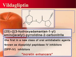 Vildagliptin
•the first in a new class of oral antidiabetic agents
•known as dipeptidyl peptidase IV inhibitors
(DPP-IV) inhibitors
"incretin enhancers"
(2S)-([(3-hydroxyadamantan-1-yl)
amino]acetyl)-pyrrolidine-2-carbonitrile
 