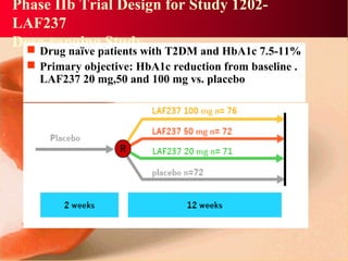 Phase IIb Trial Design for Study 1202-
LAF237
Dose-ranging Study Drug naïve patients with T2DM and HbA1c 7.5-11%
 Primary objective: HbA1c reduction from baseline .
LAF237 20 mg,50 and 100 mg vs. placebo
 