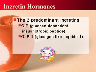 The 2 predominant incretins
GIP (glucose-dependent
insulinotropic peptide)
GLP-1 (glucagon like peptide-1)
Incretin Hormones
 