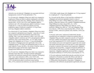 Vildagliptin Tablets 50mg Tablets Taj Pharma : Uses, Side Effects, Interactions, Pictures, Warnings, Vildagliptin Tablets 50mg Dosage & Rx Info | Vildagliptin Tablets 50mg Uses, Side Effects , Vildagliptin Tablets 50mg : Indications, Side Effects, Warnings, Vildagliptin Tablets 50 mg - Drug Information – Taj Pharma, Vildagliptin Tablets 50mg dose Taj pharmaceuticals Vildagliptin Tablets 50mg interactions, Taj Pharmaceutical Vildagliptin Tablets 50mg contraindications, Vildagliptin Tablets 50mg price, Vildagliptin Tablets 50mg Taj Pharma Vildagliptin Tablets 50mg Tablets PIL- Taj Pharma Stay connected to all updated on Vildagliptin Tablets 50mg Taj Pharmaceuticals Taj pharmaceuticals Hyderabad. Patient Information Leaflets, PIL.
inferiority was not achieved. Vildagliptin was associated with fewer
hypoglycaemic events (0.7%) than gliclazide (1.7%).
In a 24-week trial, vildagliptin (50mg twice daily) was compared to
pioglitazone (30mg once daily) in patients inadequately controlled
with metformin (mean daily dose: 2020mg). Mean reductions from
baseline HbA1c of 8.4% were -0.9% with vildagliptin added to
metformin and -1.0% with pioglitazone added to metformin. A mean
weight gain of +1.9 kg was observed in patients receiving
pioglitazone added to metformin compared to +0.3 kg in those
receiving vildagliptin added to metformin.
In a clinical trial of 2 years' duration, vildagliptin (50mg twice daily)
was compared to glimepiride (up to 6mg/day – mean dose at 2 years:
4.6mg) in patients treated with metformin (mean daily dose:
1894mg). After 1 year mean reductions in HbA1c were -0.4% with
vildagliptin added to metformin and -0.5% with glimepiride added to
metformin, from a mean baseline HbA1c of 7.3%. Body weight
change with vildagliptin was -0.2 kg vs +1.6 kg with glimepiride.
The incidence of hypoglycaemia was significantly lower in the
vildagliptin group (1.7%) than in the glimepiride group (16.2%). At
study endpoint (2 years), the HbA1c was similar to baseline values in
both treatment groups and the body weight changes and
hypoglycaemia differences were maintained.
In a 52-week trial, vildagliptin (50mg twice daily) was compared to
gliclazide (mean daily dose: 229.5mg) in patients inadequately
controlled with metformin (metformin dose at baseline 1928mg/day).
After 1 year, mean reductions in HbA1c were -0.81% with
vildagliptin added to metformin (mean baseline HbA1c 8.4%) and -
0.85% with gliclazide added to metformin (mean baseline
HbA1c 8.5%); statistical non-inferiority was achieved (95% CI -0.11
– 0.20). Body weight change with vildagliptin was +0.1 kg compared
to a weight gain of +1.4 kg with gliclazide.
In a 24-week trial the efficacy of the fixed dose combination of
vildagliptin and metformin (gradually titrated to a dose of
50mg/500mg twice daily or 50mg/1000mg twice daily) as initial
therapy in drug-naïve patients was evaluated. Vildagliptin/metformin
50mg/1000mg twice daily reduced HbA1c by -1.82%,
vildagliptin/metformin 50mg/500mg twice daily by -1.61%,
metformin 1000mg twice daily by -1.36% and vildagliptin 50mg
twice daily by -1.09% from a mean baseline HbA1c of 8.6%. The
decrease in HbA1c observed in patients with a baseline ≥10.0% was
greater.
A 24-week, multi-centre, randomised, double-blind, placebo-
controlled trial was conducted to evaluate the treatment effect of
vildagliptin 50mg once daily compared to placebo in 515 patients
with type 2 diabetes and moderate renal impairment (N=294) or
severe renal impairment (N=221). 68.8% and 80.5% of the patients
with moderate and severe renal impairment respectively were treated
with insulin (mean daily dose of 56 units and 51.6 units respectively)
at baseline. In patients with moderate renal impairment vildagliptin
significantly decreased HbA1c compared with placebo (difference of
-0.53%) from a mean baseline of 7.9%. In patients with severe renal
impairment, vildagliptin significantly decreased HbA1c compared
with placebo (difference of -0.56%) from a mean baseline of 7.7%.
A 24-week randomised, double-blind, placebo-controlled trial was
conducted in 318 patients to evaluate the efficacy and safety of
vildagliptin (50mg twice daily) in combination with metformin
(≥1500mg daily) and glimepiride (≥4mg daily). Vildagliptin in
combination with metformin and glimepiride significantly decreased
 