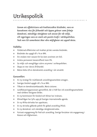 Utrikespolitik
    Genom att effektivisera och kvalitetssäkra biståndet, vara en
    konsekvent röst för frihandel och öppna gränser samt främja
    demokrati, mänskliga rättigheter och ansvar för vår miljö,
    vill regeringen vara en stark och positiv kraft i världspolitiken.
    Tack vare EU-samarbetet ökar våra möjligheter att uppnå detta.

Vallöfte
●   Förbättrad effektivitet och kvalitet på det svenska biståndet.
●   Biståndet ska uppgå till 1 % av BNI.
●   Ett smalare men vassare EU (se även avsnittet om EU).
●   Inrätta permanent katastroffond inom FN.
●   Ge miljö- och energifrågor större utrymme i utrikespolitiken.
●   Skapa en mer rättvis (fri)handel.
●   Bättre bidra till en demokratisk utveckling i vår omvärld.

Genomfört
●   En ny strategi för multilateralt utvecklingssamarbete antagen.
●   Sveriges bistånd uppgår till 1 % av BNI.
●   Tillsatt en demokratiambassadör, Maria Leissner.
●   Landfokuseringsprocessen genomförd, där vi höll fast vid utvecklingssamarbetet
    med världens fattigaste länder.
●   En ny kommission för bistånd och klimat har inrättats.
●   Klimatfrågan har lyfts upp på Sveriges internationella agenda.
●   En ny Afrika-skrivelse har upprättats.
●   En ny skrivelse gällande politik för global utveckling (PGU).
●   En ny demokrati- och mänskliga rättighetsskrivelse.
●   Fortsatt engagemang för fred och utveckling. Sverige fortsätter sitt engagemang i
    Kosovo och Afghanistan.




                                           37
 