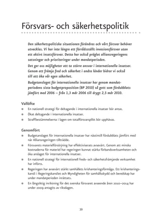 Försvars- och säkerhetspolitik
    Den säkerhetspolitiska situationen förändras och vårt försvar behöver
    utvecklas. Vi har inte längre ett förrådsställt invasionsförsvar utan
    ett aktivt insatsförsvar. Detta har också präglat alliansregeringens
    satsningar och prioriteringar under mandatperioden.
    Det ger oss möjligheter att ta större ansvar i internationella insatser.
    Genom att främja fred och säkerhet i andra länder bidrar vi också
    till att öka vår egen säkerhet.
    Budgetanslaget för internationella insatser har genom mandat-
    periodens sista budgetproposition (BP 2010) så gott som fördubblats
    jämfört med 2006 – från 1,3 mdr 2006 till drygt 2,5 mdr 2010.

Vallöfte
●   En nationell strategi för deltagande i internationella insatser bör antas.
●   Ökat deltagande i internationella insatser.
●   Straffbestämmelserna i lagen om totalförsvarsplikt bör upphävas.

Genomfört
●   Budgetanslaget för internationella insatser har nästintill fördubblats jämfört med
    när Alliansregeringen tillträdde.
●   Försvarets materielförsörjning har effektiviserats avsevärt. Genom att minska
    kostnaderna för materiel har regeringen kunnat stärka förbandsverksamheten och
    öka anslaget för internationella insatser.
●   En nationell strategi för internationell freds- och säkerhetsfrämjande verksamhet
    har införts.
●   Regeringen har avsevärt stärkt samhällets krishanteringsförmåga. Ett krishanterings-
    kansli i Regeringskansliet och Myndigheten för samhällsskydd och beredskap har
    under mandatperioden inrättats.
●   En långsiktig inriktning för det svenska försvaret avseende åren 2010–2014 har
    under 2009 antagits av riksdagen.




                                            39
 