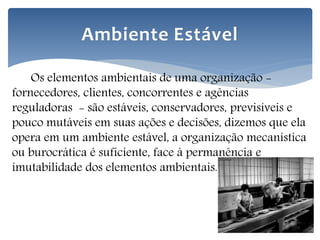 Os elementos ambientais de uma organização -
fornecedores, clientes, concorrentes e agências
reguladoras - são estáveis, conservadores, previsíveis e
pouco mutáveis em suas ações e decisões, dizemos que ela
opera em um ambiente estável, a organização mecanística
ou burocrática é suficiente, face à permanência e
imutabilidade dos elementos ambientais.
Ambiente Estável
 
