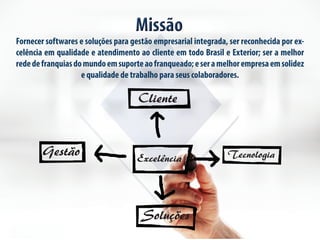 Missão 
Fornecer softwares e soluções para gestão empresarial integrada, ser reconhecida por ex-celência 
em qualidade e atendimento ao cliente em todo Brasil e Exterior; ser a melhor 
rede de franquias do mundo em suporte ao franqueado; e ser a melhor empresa em solidez 
e qualidade de trabalho para seus colaboradores. 
Cliente 
Gestão Tecnologia 
Excelência 
Soluções 
 