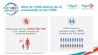 1. Sarwar N et al. Lancet 2010;375:2215; 2. Thomas M et al. Nat Rev Nephrol 2016;12:73
What do T2DM patients die of,
undoubtedly its not T2DM
Kidney disease is
estimated to affect ~50%
of patients with T2D globally2
Patients with T2D have twice the risk
of CV disease compared with
the general population1
2×
 