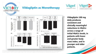 Vildagliptin as Monotherapy
• Vildagliptin 100 mg
daily produces
consistent and
clinically meaningful
reductions in HbA1c
across a range of
initial HbA1c levels, in
patients with lower
and greater body
mass index, and in
younger and older
patients.
A) Rosenstock J, Pi-Sunyer FX, Pratley RE, Couturier A, Schweizer A, Dejager S. Robust efficacy of vildagliptin in drug-naı¨ve patients: pooled analysis of 5 monotherapy studies. Diabetes 2007; 56: A135
B) C) Nathwani A. The use of vildagliptin for treatment of patients with type 2 diabetes mellitus. Presented at the 66th scientific sessions of the American Diabetes Association; June 9–13, 2006; Washington, DC
D) Pratley RE, Rosenstock J, Pi-Sunyer FX, Couturier A, Schweizer A, Dejager S. Benefit ⁄ risk assessment of vildagliptin in the elderly: pooled analysis of 5 monotherapy studies. Diabetes 2007; 56: A135
 