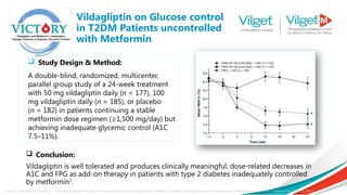 Vildagliptin on Glucose control
in T2DM Patients uncontrolled
with Metformin
1, Bosi E, Camisasca RP, Collober C, Rochotte E, Garber AJ. Effects of vildagliptin on glucose control over 24 weeks in patients with type 2 diabetes inadequately controlled with metformin. Diabetes Care 2007; 30: 890–5
 Conclusion:
Vildagliptin is well tolerated and produces clinically meaningful, dose-related decreases in
A1C and FPG as add-on therapy in patients with type 2 diabetes inadequately controlled
by metformin1
.
 Study Design & Method:
A double-blind, randomized, multicenter,
parallel group study of a 24-week treatment
with 50 mg vildagliptin daily (n = 177), 100
mg vildagliptin daily (n = 185), or placebo
(n = 182) in patients continuing a stable
metformin dose regimen (≥1,500 mg/day) but
achieving inadequate glycemic control (A1C
7.5–11%).
 