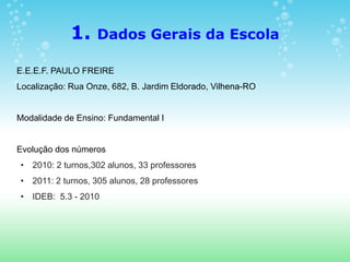 1.    Dados Gerais da Escola

E.E.E.F. PAULO FREIRE
Localização: Rua Onze, 682, B. Jardim Eldorado, Vilhena-RO


Modalidade de Ensino: Fundamental I


Evolução dos números
• 2010: 2 turnos,302 alunos, 33 professores
• 2011: 2 turnos, 305 alunos, 28 professores
• IDEB: 5.3 - 2010
 