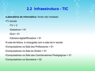 2.2 Infraestrutura - TIC

•Laboratório de informática: Ainda não instalado
•TV escola:
    •TV = 2
    •Datashow = 01
    •Dvd = 01
    •Câmera digital/filmadora = 01
•A sala de leitura é conjugada com a sala da tv escola
•Computadores na Sala dos Professores = 01
•Computadores na Sala do Diretor = 01
•Computadores na Sala das Coordenadoras Pedagógicas = 01
•Computadores na Secretaria = 02
 