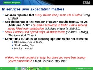 In services user expectation matters
Amazon reported that every 100ms delay costs 1% of sales (Greg
Linden)
Google increased the number of search results from 10 to 30.
Additional 500ms caused a 20% drop in traffic. Half a second
delay killed user satisfaction. (Marissa Mayer in Web 2.0)
Stock Traders Find Speed Pays, in Milliseconds (Charles Duhiagg,
The New York Times)
Sometimes I/O stalls, or blocking operations are not tolerated
HLR operations in TelCo
Stock trading SW
Medical devices

Making more throughput is easy, but once you have bad latency
you're stuck with it. Stuart Cheshire, May 1996
5

© 2012 IBM Corporation

 