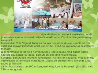 Spaahotell Peetrimõisa Villa Viljandi ühendab endas klassikalise hotelli 
ja moodsa spaa omadused. Viljandi kesklinn on 15-minutilise jalutuskäigu 
kaugusel. 
Peetrimõisa Villa Viljandi tubades on kas privaatne dušiga vannituba või 
külalised saavad kasutada ühist vannituba. Toad on kujundatud pastelsetes 
toonides. 
Igal hommikul ootab teid hommikusöök Rootsi lauas ning baaris saate 
nautida suupisteid ja jooke. Samuti on aias grillimisvõimalus. 
Kohapeal pakutakse mitmeid iluhooldusi. Näiteks on saadaval mudavannid, 
veeteraapia ja erinevad massaažid. Lisaks on olemas mitu erinevat tüüpi 
sauna ja bassein. 
Lähim bussipeatus on 100 m kaugusel ning kaunis Uueveski järv jääb vaid 
250 m kaugusele. 
 