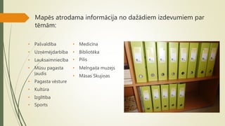 Mapēs atrodama informācija no dažādiem izdevumiem par
tēmām:
• Pašvaldība
• Uzņēmējdarbība
• Lauksaimniecība
• Mūsu pagasta
ļaudis
• Pagasta vēsture
• Kultūra
• Izglītība
• Sports
• Medicīna
• Bibliotēka
• Pilis
• Melngaiļa muzejs
• Māsas Skujiņas
 