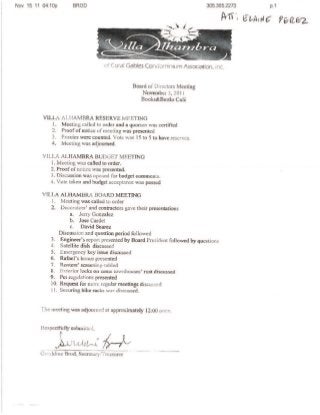 Villa Alhambra Board Meeting Minutes 11-5-2011