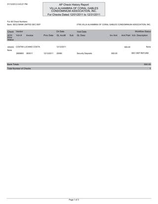 01/12/2012 4:43:21 PM                        AP Check History Report
                                      VILLA ALHAMBRA OF CORAL GABLES
                                        CONDOMINIUM ASSOCIATION, INC.
                                     For Checks Dated 12/01/2011 to 12/31/2011

For All Check Numbers
Bank: SEC2 BANK UNITED SEC DEP                                     0T85 VILLA ALHAMBRA OF CORAL GABLES CONDOMINIUM ASSOCIATION, INC.


Check    Vendor                               Ck Date              Void Date                                           Workflow Status
ACH      Vch #     Invoice       Proc Date    GL Acct#     Sub     GL Desc                      Inv Amt   Amt Paid Vch. Description
Print
Status


000202   COST69 LUCIANO COSTA                 12/12/2011                                                    500.00               None
None
         2669663   083011        12/12/2011   20080                Security Deposits             500.00              SEC DEP REFUND




Bank Totals                                                                                                                    500.00
Total Number of Checks                                                                                                                1




                                                           Page 1 of 3
 