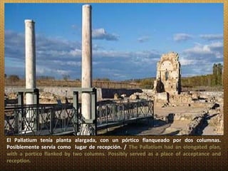 El Pallatium tenía planta alargada, con un pórtico flanqueado por dos columnas.
Posiblemente servía como lugar de recepción. / The Pallatium had an elongated plan,
with a portico flanked by two columns. Possibly served as a place of acceptance and
reception.
 